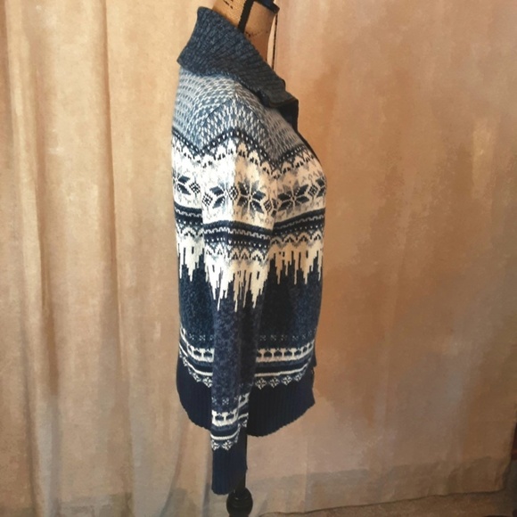 Vintage Blue & White Front Zip Sweater Cardigan Nordic Snowflake Ramie Cotton S - Picture 5 of 12